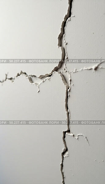 Fissures snake through an otherwise pristine white wall, hinting at structural issues and the inevitable wear of years. Light plays on the jagged lines, creating depth Generative AI. Стоковое AI-изображение, AI-художник Юлия Петровская / Фотобанк Лори