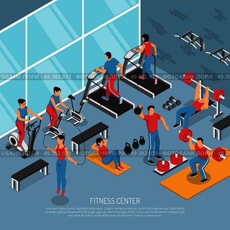Fitness center interior with exercising people and equipment isometric poster with treadmills weights aerobic accessories vector illustration . Fitness Center Interior Isometric Poster . Стоковая иллюстрация, агентство Ingram Publishing / Фотобанк Лори