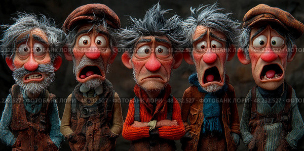 Five animated characters with distinct features express various emotions in a whimsical, shadowy environment, highlighting their unique personalities. Стоковое AI-изображение, AI-художник Данила Большаков / Фотобанк Лори