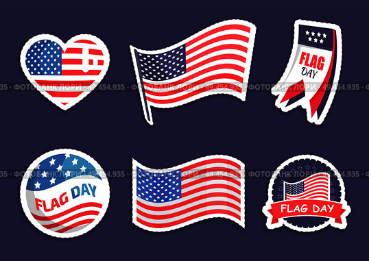 Flag day celebration collection of stickers and banners with USA symbols, American national symbolic vector illustration, isolated on blue background. Flag Celebration Collection Vector Illustration. Стоковая иллюстрация, агентство Ingram Publishing / Фотобанк Лори