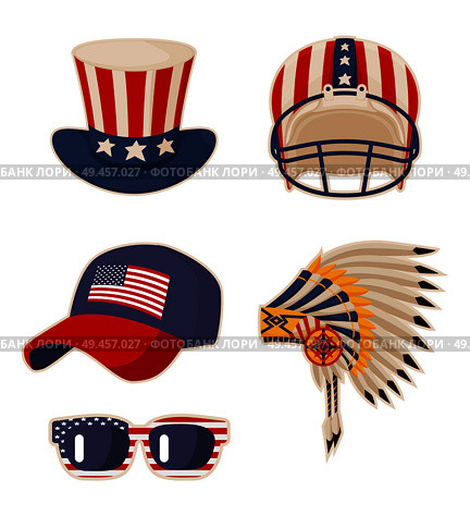 Flag on items USA symbols, cap and Old Glory, indian headdress with feathers, sunglasses Grand Union print, icons set isolated on vector illustration. Flag on Items USA Symbols Vector Illustration. Стоковая иллюстрация, агентство Ingram Publishing / Фотобанк Лори
