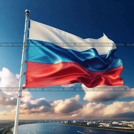 Флаг России флаг, развевающийся, триколор, россия, российская, федерация, символ, государство, белый, синий, красный, цвета государственный, национальный, официальный, флаг, символ, россия, рф, российский, федерация, триколор, трехцветный, красный, синий, белый, трехполосный, полотнище, полощется, развеваться, развевается, флагшток, голубой, небо, облака, солнечный, день. Стоковое AI-изображение, AI-художник Ефимчик Елена Николаевна / Фотобанк Лори