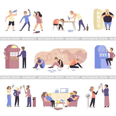 Flat and isolated addiction icon set with different types of addict alcoholism drug and gambling addictions overeating vector illustration. Flat And Isolated Addiction Icon Set. Стоковая иллюстрация, агентство Ingram Publishing / Фотобанк Лори