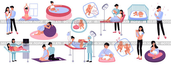 Flat collection of pregnancy childbirth and maternity scenes with young parents doctors and newborn children isolated vector illustration. Стоковая иллюстрация, агентство Ingram Publishing / Фотобанк Лори