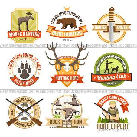 Flat Color Hunting Emblems . Flat color hunting emblems with images of ducks bear moose and aiming hunter with dog isolated vector illustration. Стоковая иллюстрация, агентство Ingram Publishing / Фотобанк Лори