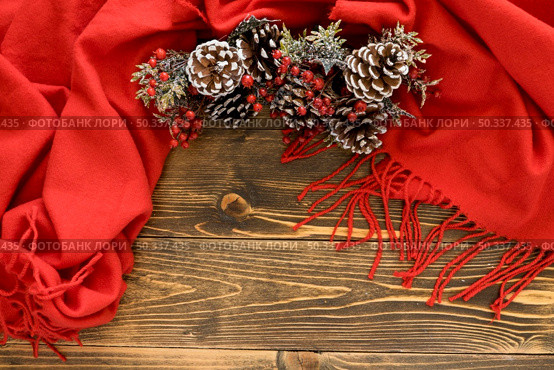 flat lay cute winter pine cones red scarf. Стоковое фото, агентство Ingram Publishing / Фотобанк Лори