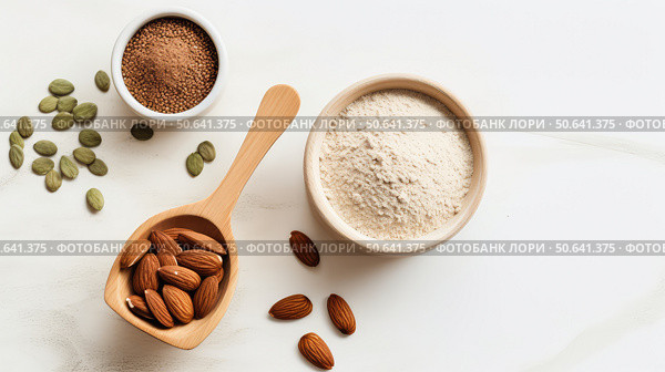 flatlay plant protein powder ai generated. Стоковое AI-изображение, AI-художник Vectorwin / Фотобанк Лори