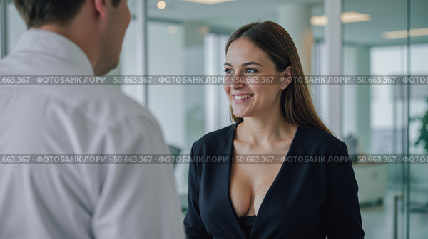 Flirtatious office romance woman attracting male colleague attention inappropriate dress code business meeting modern workplace interaction seductive outfit. Стоковое AI-изображение, AI-художник Павел Муравьев / Фотобанк Лори