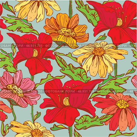 Floral Seamless Pattern with hand drawn flowers - poppy flowers and camomile on blue background. . Стоковая иллюстрация, агентство Ingram Publishing / Фотобанк Лори