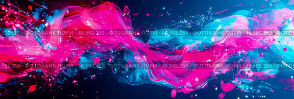 Fluid Abstract: A dynamic display of contrasting magenta and cyan hues, swirling with luminosity and sparkling fragments on a dark backdrop. Стоковое AI-изображение, AI-художник Данила Большаков / Фотобанк Лори