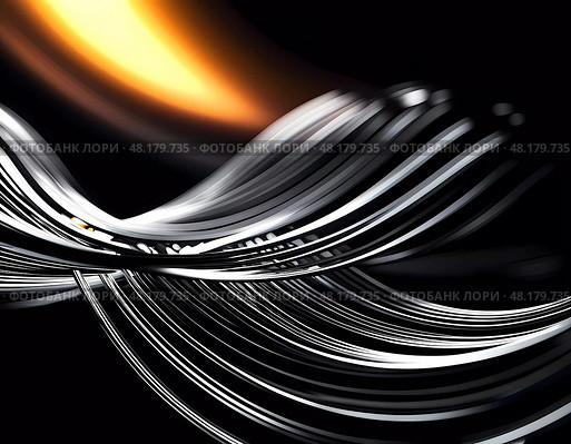 Fluid smooth lines intertwining on a deep black background, enriched by vibrant colors and a captivating bokeh effect draws attention. Dynamic light traces in grey, golden and yellow. Generative AI. Стоковое AI-изображение, AI-художник Юлия Петровская / Фотобанк Лори