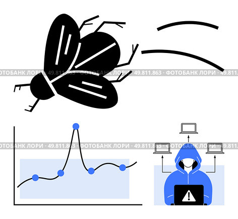 Fly graph with data points hacker in hoodie at laptop, network of computers. Ideal for technology, internet security, risk management, data analysis, cybersecurity awareness, threats, connectivity. Cybersecurity Threats Data Breaches, Malware Attacks, and Network Vulnerabilities. Стоковая иллюстрация, агентство Ingram Publishing / Фотобанк Лори