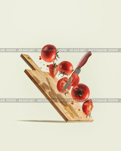 Flying sliced tomatoes, knife and wooden cutting board at pale beige background. Levitation ingredients with fresh vegetables. Creative food concept. Front view. Стоковое фото, агентство Ingram Publishing / Фотобанк Лори