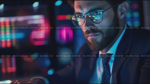 Focused man with glasses analyzes data in a tech environment filled with lights and colors. Стоковое AI-видео, аниматор Сергей Толмачёв / Фотобанк Лори