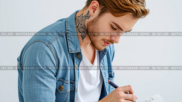 Focused man with neck tattoo drawing on paper, creative artist in denim jacket sketching design, close up portrait of illustrator at work indoors. Стоковое AI-изображение, AI-художник Павел Муравьев / Фотобанк Лори