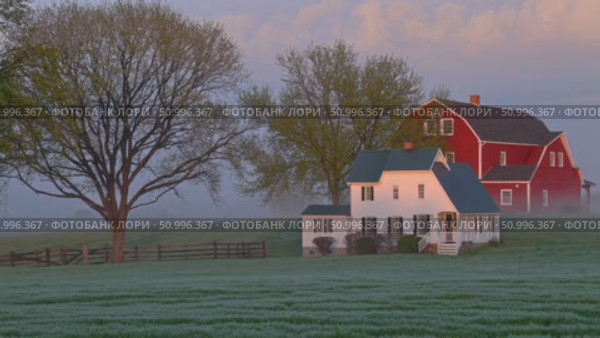 Foggy sunrise illuminating rustic red barn, white farmhouse, large tree silhouetted against misty agricultural landscape with soft morning light. Стоковое AI-видео, аниматор Данил Руденко / Фотобанк Лори