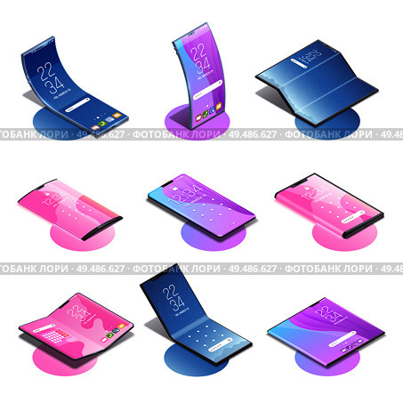 Foldable gadgets concepts isometric set of nine isolated images with various models of next generation smartphones vector illustration. Стоковая иллюстрация, агентство Ingram Publishing / Фотобанк Лори