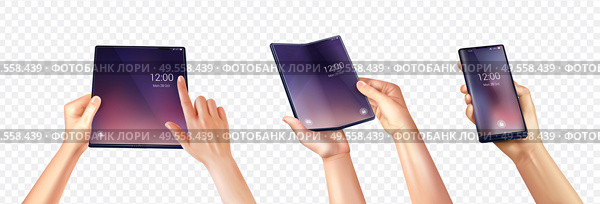 Foldable smartphone set of realistic images with various fugures of human hands hold folding touchscreen phone vector illustration. Стоковая иллюстрация, агентство Ingram Publishing / Фотобанк Лори