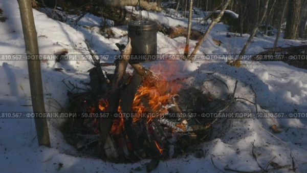 Food is cooked on a campfire in a pot in a winter forest. Стоковое видео, видеограф Виктор Тихонов / Фотобанк Лори