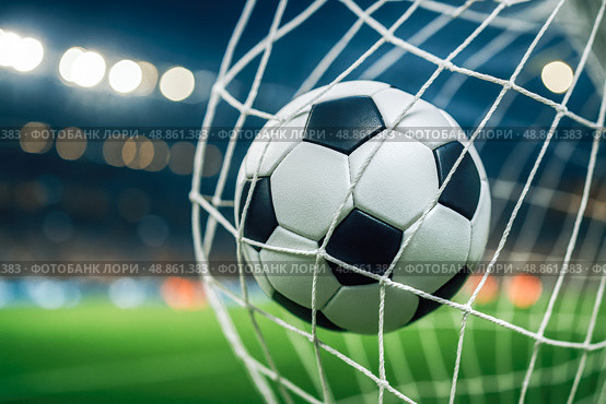 Football ball hitting net in illuminated stadium, symbolizing goal, sports success, competition, teamwork, match excitement, athletic victory, dynamic action, night tournament. Стоковое AI-изображение, AI-художник Павел Муравьев / Фотобанк Лори