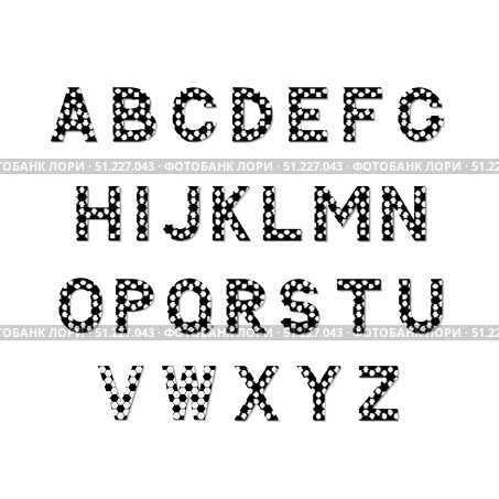 Football vector alphabet isolated on white. Letters A-Z with soccer ball pattern. English alphabet. Sport sans serif font. Set of Latin uppercase symbols. Easy to edit elements of design. Стоковая иллюстрация, иллюстратор Вера Федорова / Фотобанк Лори