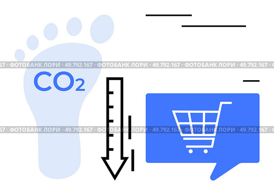 Footprint with CO2, downward arrow, and shopping cart. Ideal for sustainability, eco-friendly shopping, climate change awareness, responsible consumerism, environmental impact, green business, carbon. Reducing Carbon Footprint in Online Shopping with Sustainable Practices and Eco-friendly Choices. Стоковая иллюстрация, агентство Ingram Publishing / Фотобанк Лори