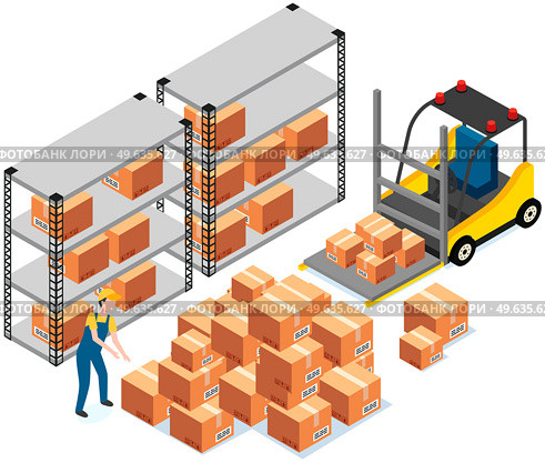 Forklift lifts boxes on special device illustration, carries cardboard box with gift inside. Forklift machine for loading, unloading packages. Yellow industrial truck, storage warehouse equipment. Forklift lifts boxes on special device. Machine for loading in warehouse for storing parcels. Стоковая иллюстрация, агентство Ingram Publishing / Фотобанк Лори