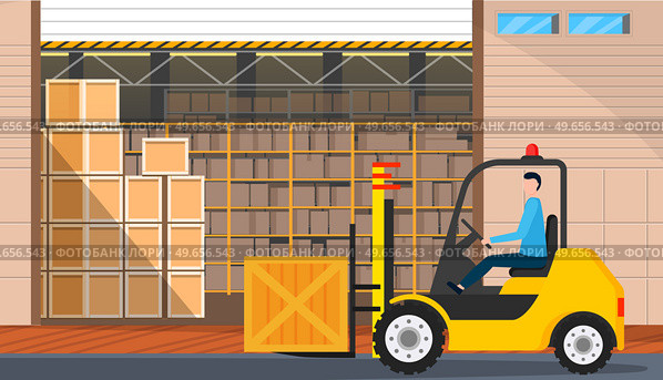 Forklift truck with pallet and box in warehouse building or loading dock. Man works with delivery of goods, transportation in production. Employee drives freight vehicle to lift load in storage. Forklift truck with box in warehouse building or loading dock. Work with delivery in storage concept. Стоковая иллюстрация, агентство Ingram Publishing / Фотобанк Лори