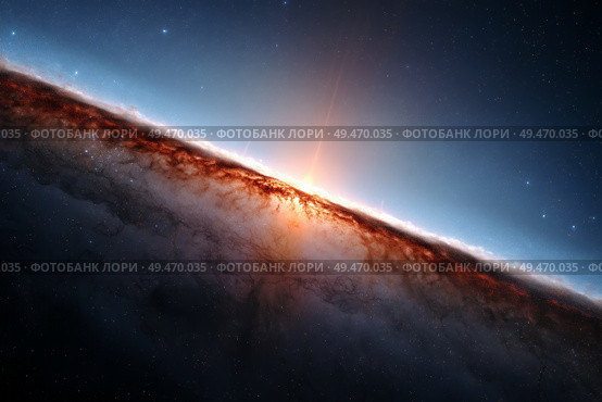 Formation of a great spiral galaxy and stars and an interstellar nebula. Стоковое AI-изображение, AI-художник Алексей Кузнецов / Фотобанк Лори