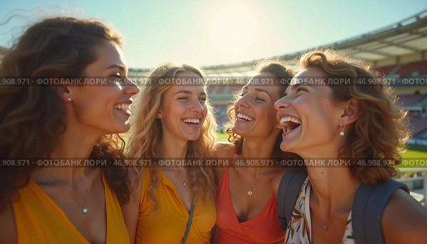 Four friends gather in a lively sports stadium, laughter and joy filling the air as they reminisce about shared experiences AI. Стоковое AI-изображение, AI-художник Юлия Петровская / Фотобанк Лори