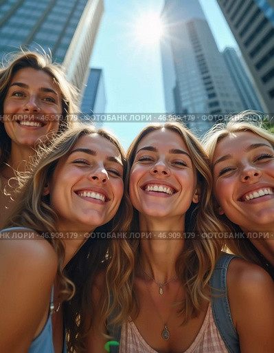 Four friends gather together, their laughter echoing against the shiny skyscrapers. With bright smiles and sunlight bathing them, they celebrate life in the heart of a bustling city at noon AI. Стоковое AI-изображение, AI-художник Юлия Петровская / Фотобанк Лори