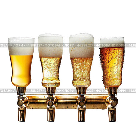 Four glasses of cold beer pouring from taps. Стоковое AI-изображение, AI-художник Иван Рябоконь / Фотобанк Лори