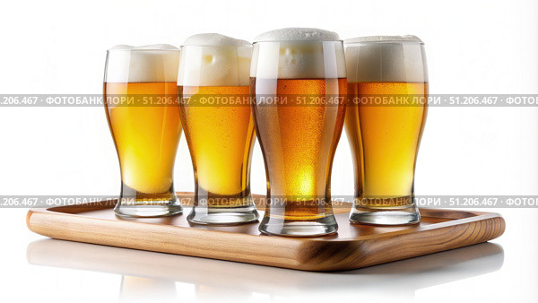 Four Glasses of Frothy Beer on Wooden Serving Tray Against White Background. Generative AI. Стоковое AI-изображение, AI-художник Roman Zavorotny / Фотобанк Лори