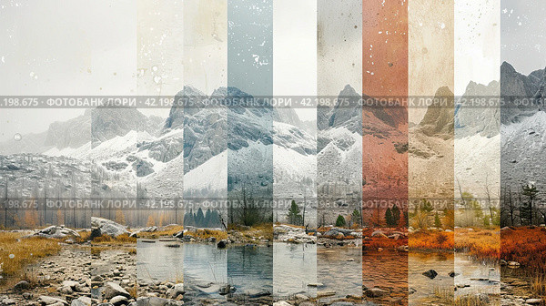 Four Seasons, vertical segmented images of abstract landscapes. Стоковое AI-изображение, AI-художник Ярославский Максим / Фотобанк Лори