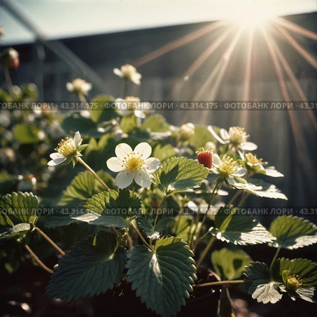 Fragaria is genus of flowering plants in rose family, Rosaceae, commonly known as strawberries for edible fruits. Hybrids and cultivars. Garden strawberry, hybrid Fragaria ananassa. Generated AI. Стоковое AI-изображение, AI-художник Юлия Петровская / Фотобанк Лори