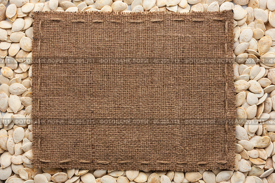 Frame made of burlap with the line lies on  pumpkin seeds. Стоковое фото, фотограф Александр Собко / Фотобанк Лори
