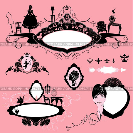 Frames with glamour accessories, furniture, girl portrait  - black silhouettes on pink background. Set of fashion elements - oval, circle, vignette - for magazine, book, invitation, card, etc. design. Стоковая иллюстрация, агентство Ingram Publishing / Фотобанк Лори