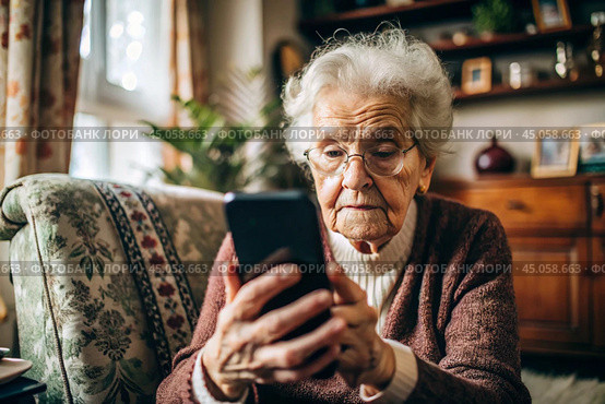 Fraud and deception. A shocked, worried elderly woman looking at her smartphone with unpleasant surprise, experiencing stress, financial problems, money theft. Стоковое AI-изображение, AI-художник Photojuli / Фотобанк Лори