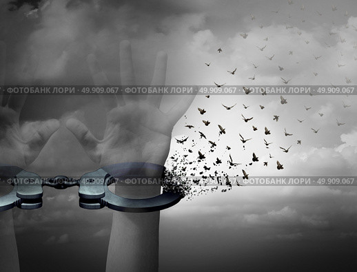 Free from shackles freedom concept and redemption symbol as human hands in opening handcuffs being transformed into flying birds as a deliverance and escape metaphor with 3D illustration elements. Стоковое фото, агентство Ingram Publishing / Фотобанк Лори