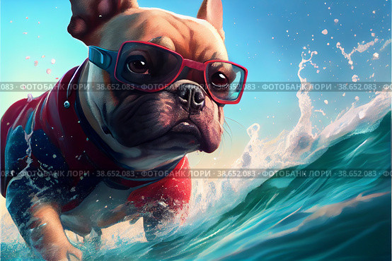 French bulldog, in a red glasses and swimm suit, swims through the waves on a surfboard. Стоковая иллюстрация, иллюстратор Zakharova Natasha / Фотобанк Лори