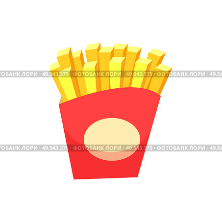 French Fries in package vector, isolated icon of fried potatoes in sticks. Cut product fattening prepared in oil, nutrition fast food served in bistro cafe. French Fries Package Fried Potatoes Isolated Icon. Стоковая иллюстрация, агентство Ingram Publishing / Фотобанк Лори