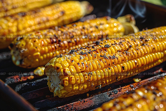 Fresh and delicious grilled corn, Image for menu, cafe, restaurant. Стоковое AI-изображение, AI-художник Ирина Ручушкина / Фотобанк Лори