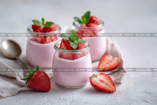 Fresh Berry Trifle in Glasses. Dessert with Strawberry and Whipped Cream. Layered Yogurt with Berry Fruits. Berry Pudding Glass Jars. Food Marketing, Recipe Design. Colorful Sweet Treat. Fruity Quark. Стоковое AI-изображение, AI-художник Марина Демидюк / Фотобанк Лори