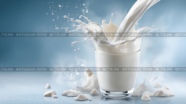 Fresh Cow's Milk Pouring into Glass with Pastoral Farm Background, Natural Dairy Promotion. свежее коровье молоко льется в стакан, реклама натуральных молочных продуктов. Стоковое AI-изображение, AI-художник Katsiaryna Repich / Фотобанк Лори