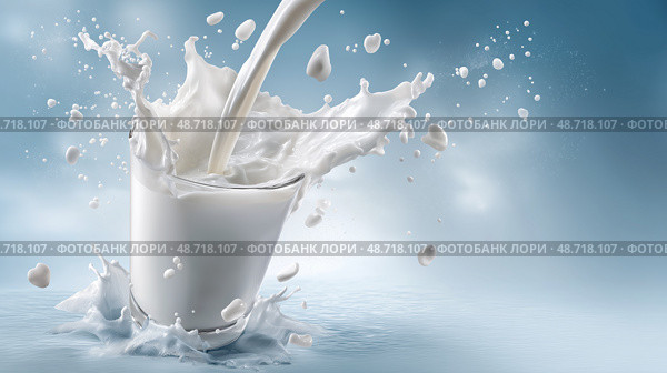 Fresh Cow's Milk Pouring into Glass with Pastoral Farm Background, Natural Dairy Promotion. свежее коровье молоко льется в стакан, реклама натуральных молочных продуктов. Стоковое AI-изображение, AI-художник Katsiaryna Repich / Фотобанк Лори