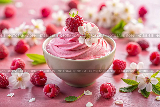 Fresh dairy products, cottage cheese with fresh raspberries in ceramic dishes. The concept of natural, dietary nutrition. Healthy foods. Стоковое AI-изображение, AI-художник Photojuli / Фотобанк Лори
