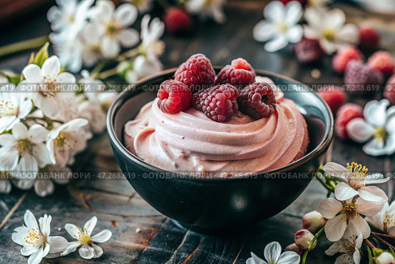 Fresh dairy products, cottage cheese with fresh raspberries in ceramic dishes. The concept of natural, dietary nutrition. Healthy foods. Стоковое AI-изображение, AI-художник Photojuli / Фотобанк Лори