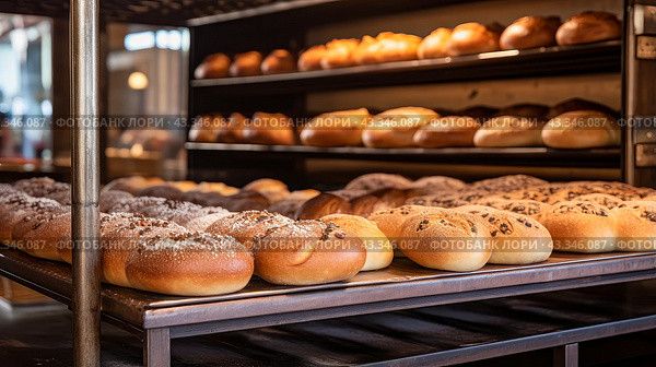 Fresh, fragrant, hot bread is baked in factories in bakeries for the production of French baguette, all inclusive, store. Fresh classic pastries. Стоковое AI-изображение, AI-художник ALLA YURTAYEVA / Фотобанк Лори