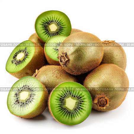 Fresh kiwi fruits and slices showing the pulp and seeds. Стоковое AI-изображение, AI-художник Иван Рябоконь / Фотобанк Лори