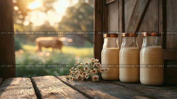 Fresh milk bottles beside flowers in a farm setting at golden hour. Бутылки со свежим молоком рядом с цветами на ферме в золотой час. Стоковое AI-изображение, AI-художник Katsiaryna Repich / Фотобанк Лори